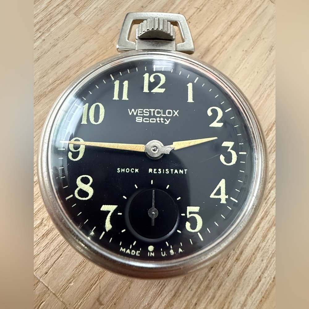 Westclox Scotty Poacket Watch Vintage Mechanical Winding Black Dial Works Well